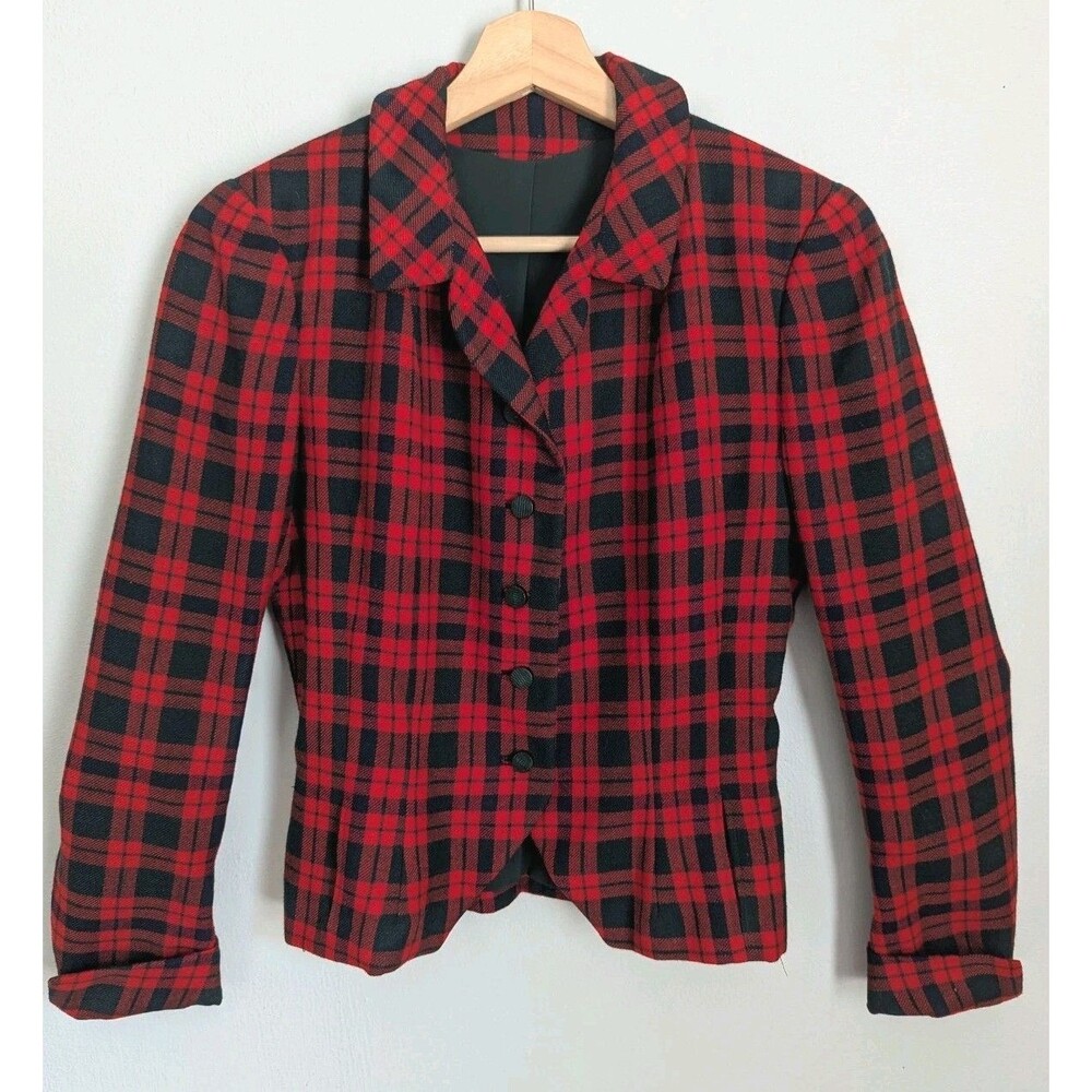 Vintage 80s Red Tartan Plaid Wool Blazer Womens Petite XS 0 2 Preppy Academia